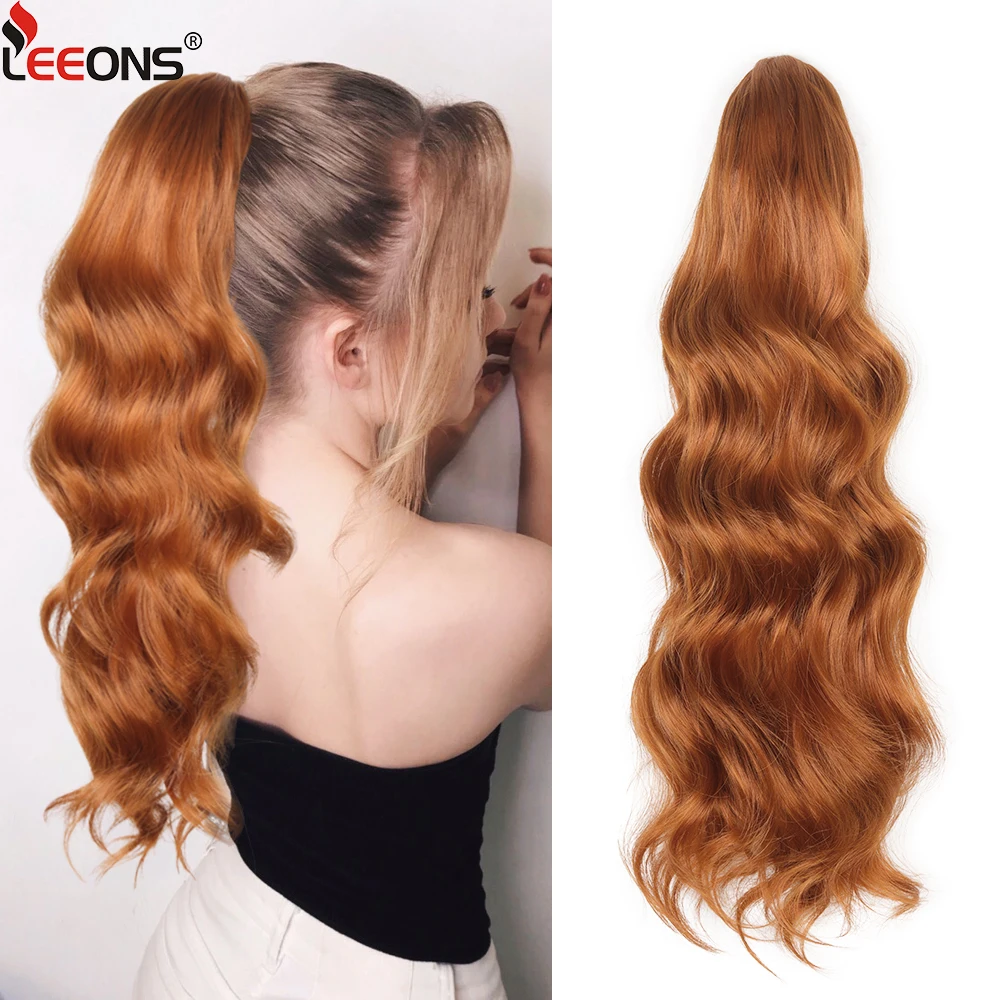 

24" Long Body Wave Ponytail Hair Extension Synthetic Heat Resistant Wrap Around Drawstring Wavy Ponytail Hairpieces For Women