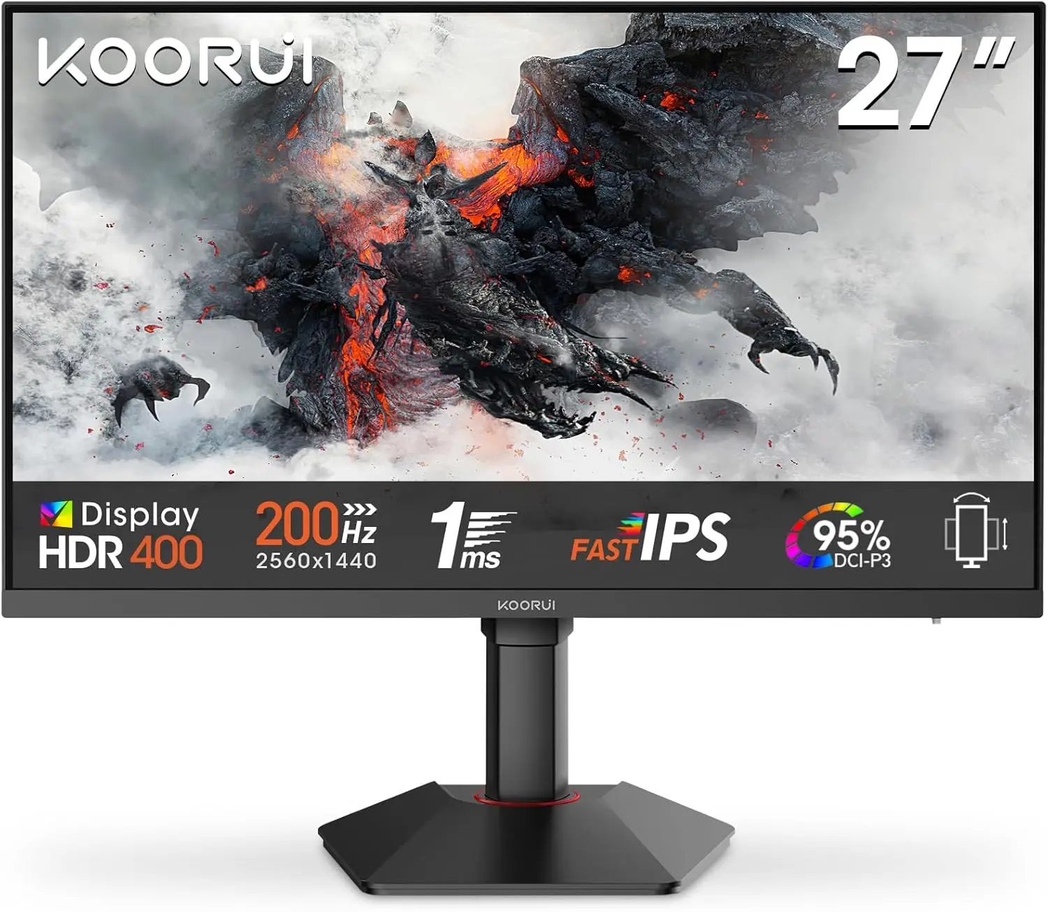 KOORUI Moniteur de jeu 27 pouces, 200 Hz, IPS rapide, QHD 1440P, 1 ms, synchronisation adaptative, levage réglable, montable VESA, HDMI/DP