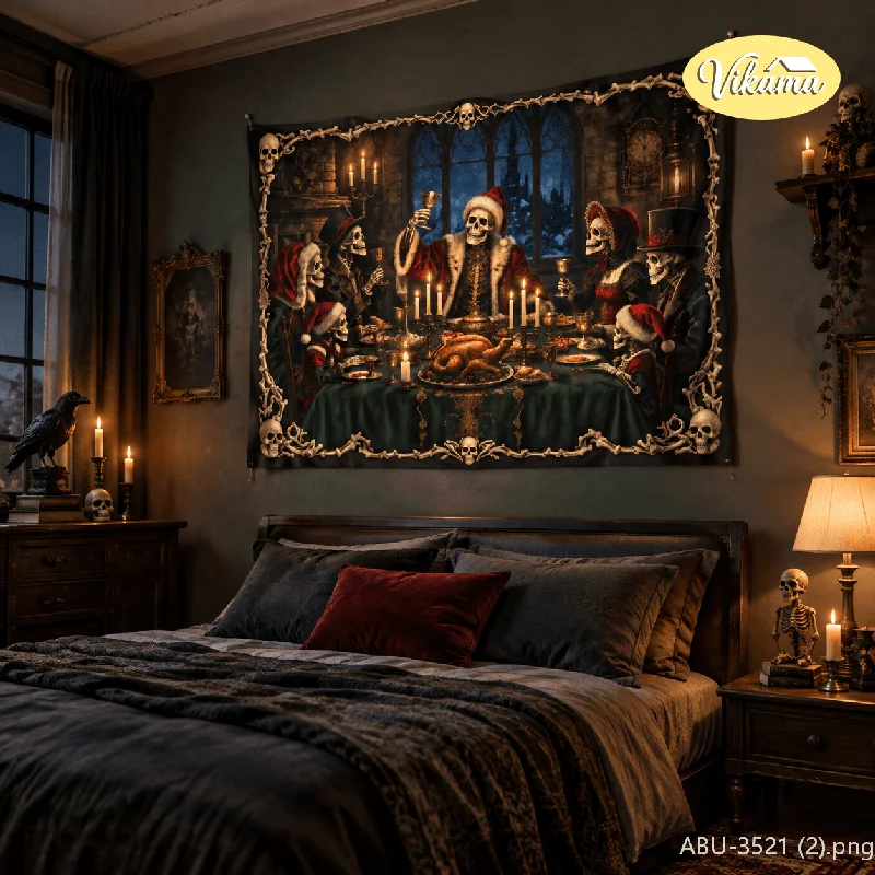 VIKAMA Skeleton Family Christmas Feast Wall Tapestry Turkey Candle Gothic Victorian Dark Home Decor Warm Cozy Soft Durable Gift