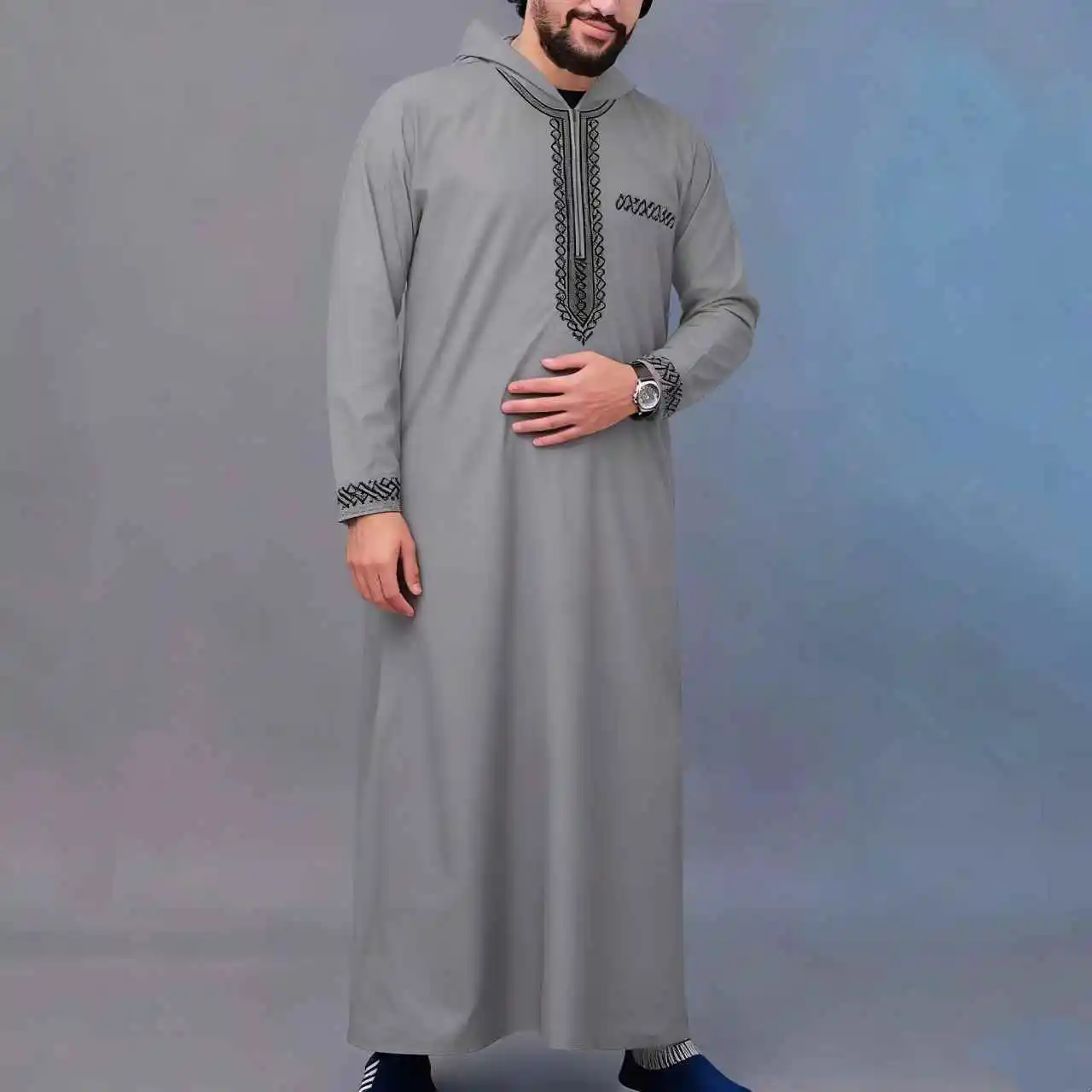 2025 Abito musulmano a maniche lunghe ricamato da uomo di lusso, Jubaso mediorientale, abito con cappuccio più ampio rispetto alle abiti tradizionali
