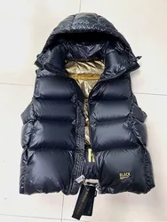 Colete curto feminino casual com capuz de pato, jaqueta grossa feminina sem mangas, jaqueta puffer solta, preta, branca, nova, inverno, 2023