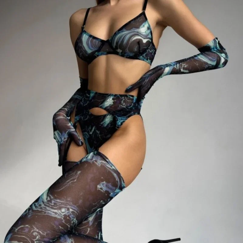 

Bikini Thin Bra Set Mesh Printed Underwear Garter Belt Leg Socks Gloves