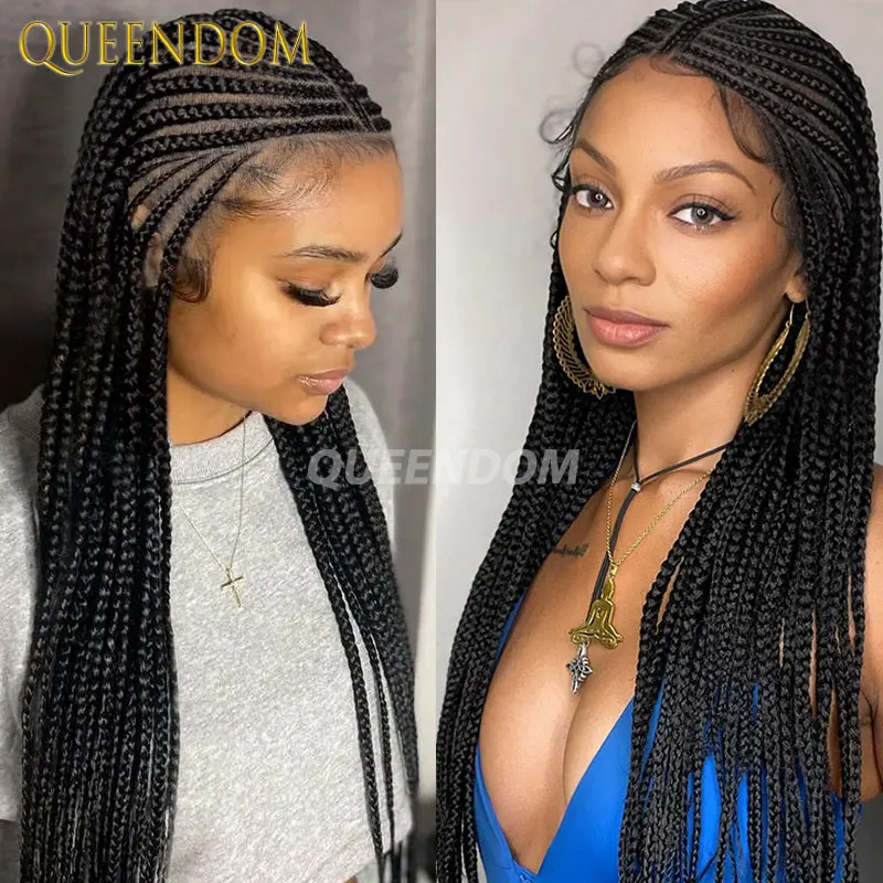 Плетеный парик Cornrow Box 32 дюйма Синтетические полные парики фронта шнурка Племенные косы для африканских женщин Парик Jumbo Braids Faux Locs Braid Wigs