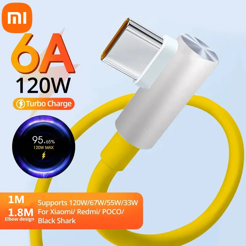 Original Xiaomi 120W 6A USB Type C gaming fast charging cable with 90 degree elbow for Mi 12 11 10 Pro Poco Redmi Note K40 Tipo