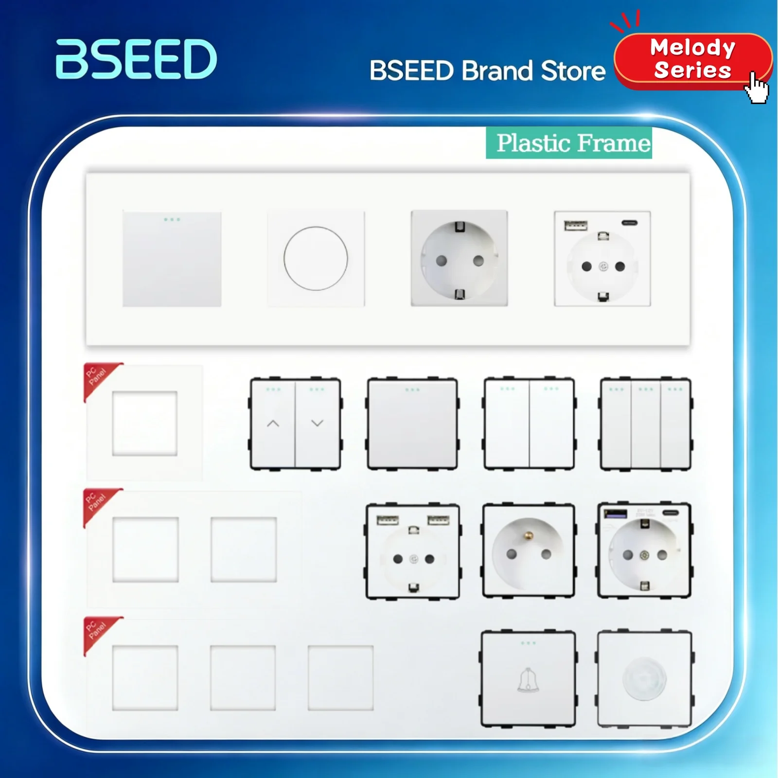 BSEED Taste Licht Schalter Teil 1/2/3Gang 1/2Weg Kunststoff Panel Teile Steckdose USB Typ-C Port EU Standard DIY Kombination