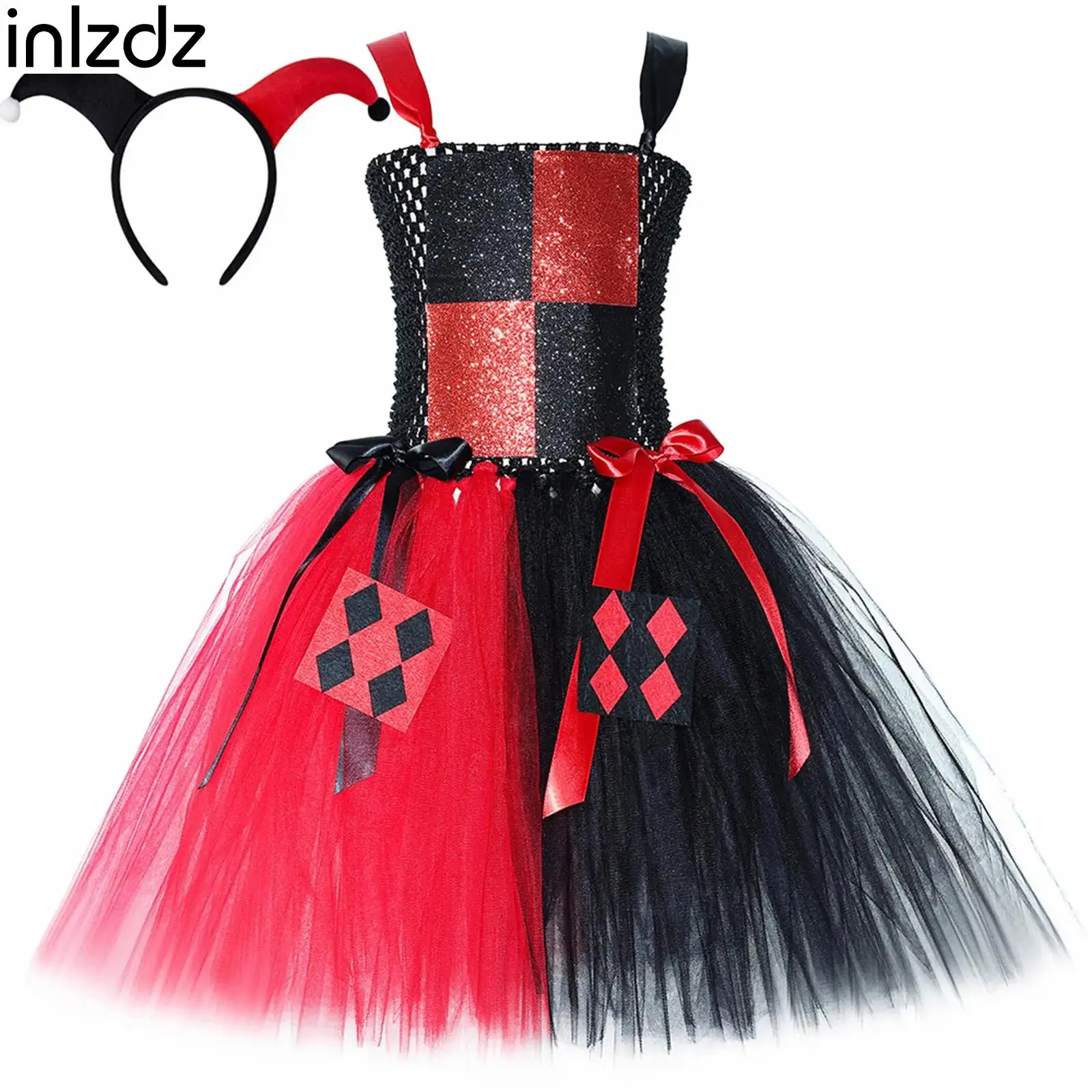 

Red 6 Pcs Girls Clown Cosplay Costume Adjustable Straps Stretchy Puffy Dress with Accessories Set for Halloween Birthday Party