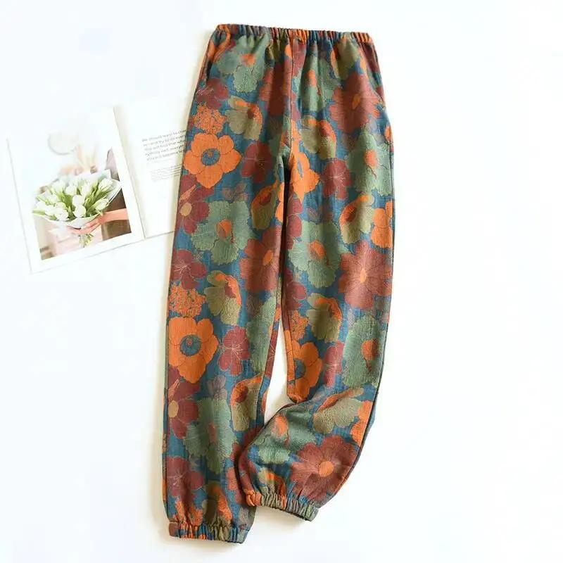 

Leaves Printing Pama For Women Spring And Autumn Thin Cotton Closure Feet Loose Fitting Mosquito Proof Home Pants
