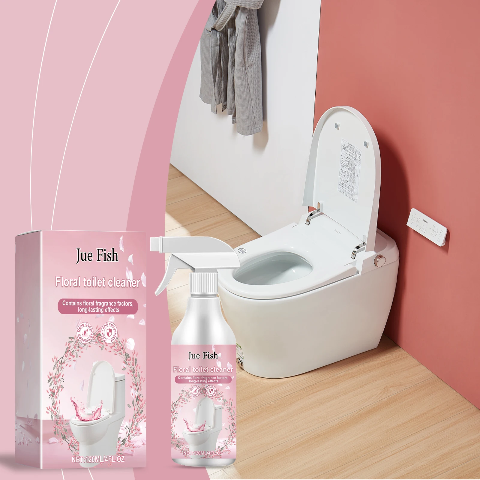 Jue Fish floraler Toiletten-Dekontaminationsreiniger, Toiletten-WC-Schmutzreiniger, aromatischer Haushalts-Toilettenreiniger, 120 ml