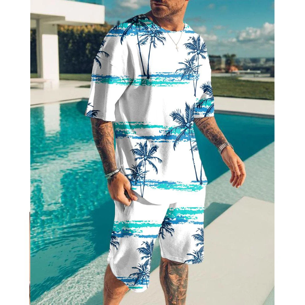 Hawaiian Men's Tracksuit Beach Scenery O-Neck Short Sleeves Shorts 2 Piece Sport Outfit Fashion T-Shirt Men Clothing Casual Suit