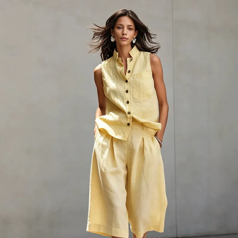 Women Stand Collar Sleeveless Linen Vest Pleated Wide Leg Capri Pants Two Piece Casual Summer Matching Set