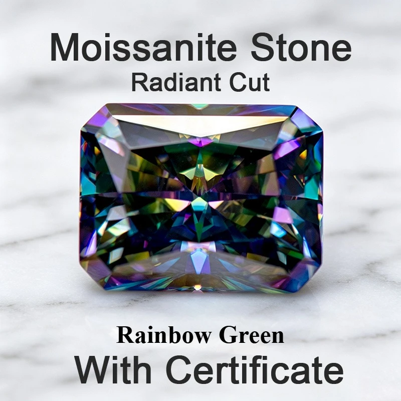 Moissanit-Stein im Radiant-Schliff, Regenbogengrün, Laborgezüchteter Edelstein für DIY-Charms und Schmuckherstellung, Besteht Diamanttester mit Zertifikat – Detail 1