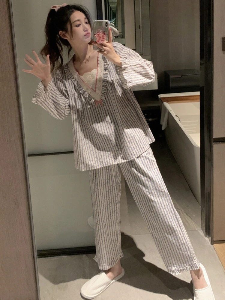 Striped Pajama Sets Women V-neck Autumn Tender Ruffles Sweet Home Students Korean Style Long Sleeve Sleepwear Casual All-match