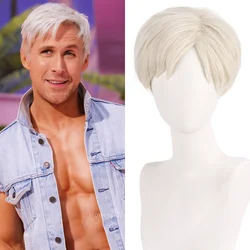 Peruca curta para herói Anime Cosplay, cor creme, Barbie levando Ken, Cabelo para homem