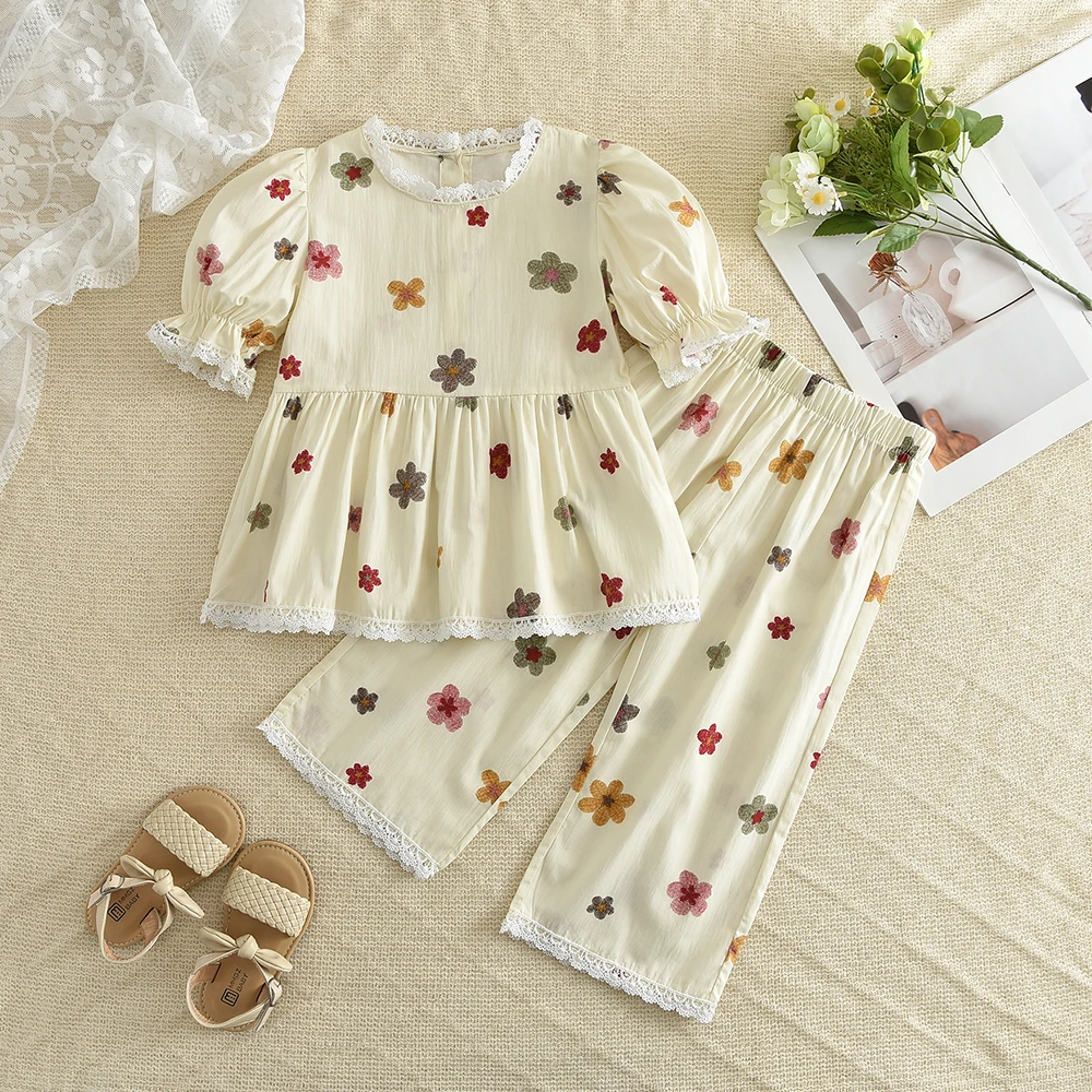 Menoea Blumenmädchen-Sets Hemd-Hosen-Kombination Kurzarm-Pullover Bedruckte Oberteile Elastische Taille 2026 Sommer Kinderkleidung – Detail 10