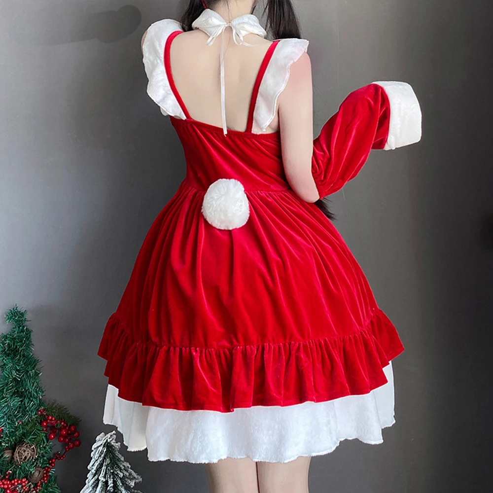 Lolita Maid-Robe de Noël en velours rouge et rose pour femme, costume de cosplay du père Noël, uniforme de lapin pour fille, robes de soirée à volants en fausse fourrure