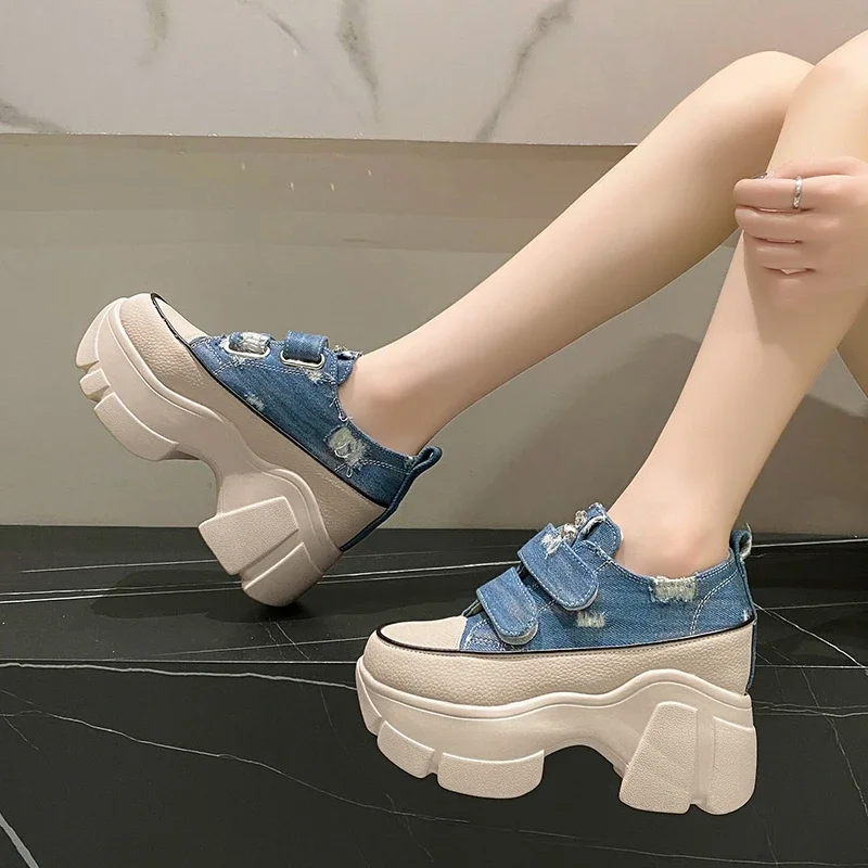 New Fashion Crystal Denim Platform Wedge Casual Spring Summer Autumn Comfy High Brand Chunky Sneakers 9CM Hidden Heels Shoes