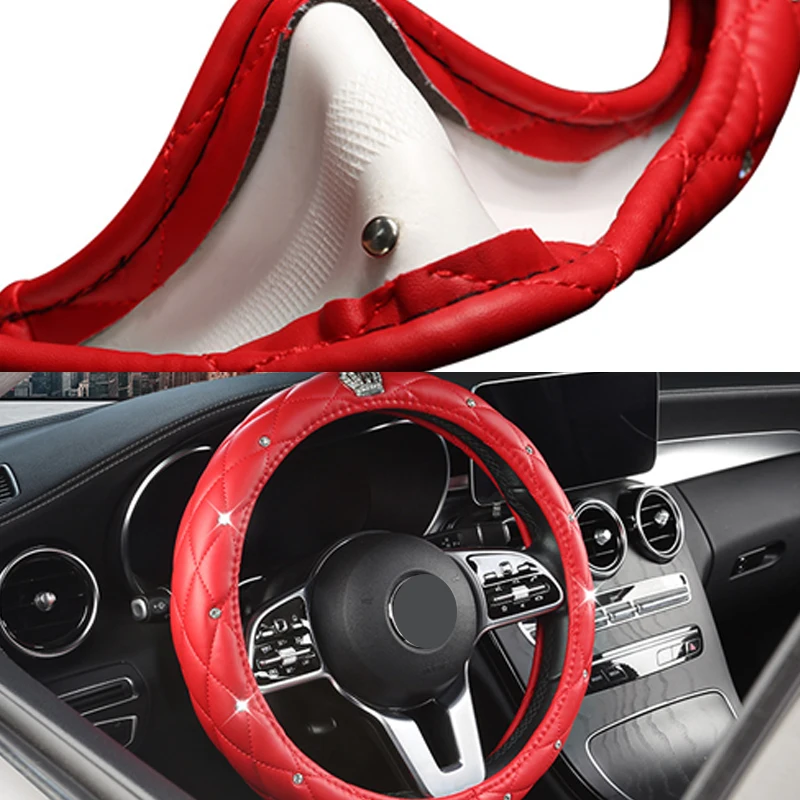 Imitation Leather Car Steering Wheel Cover Luxury Diamond Rhinestone Crown Badge Universal Accessories Auto Interior Women Gift