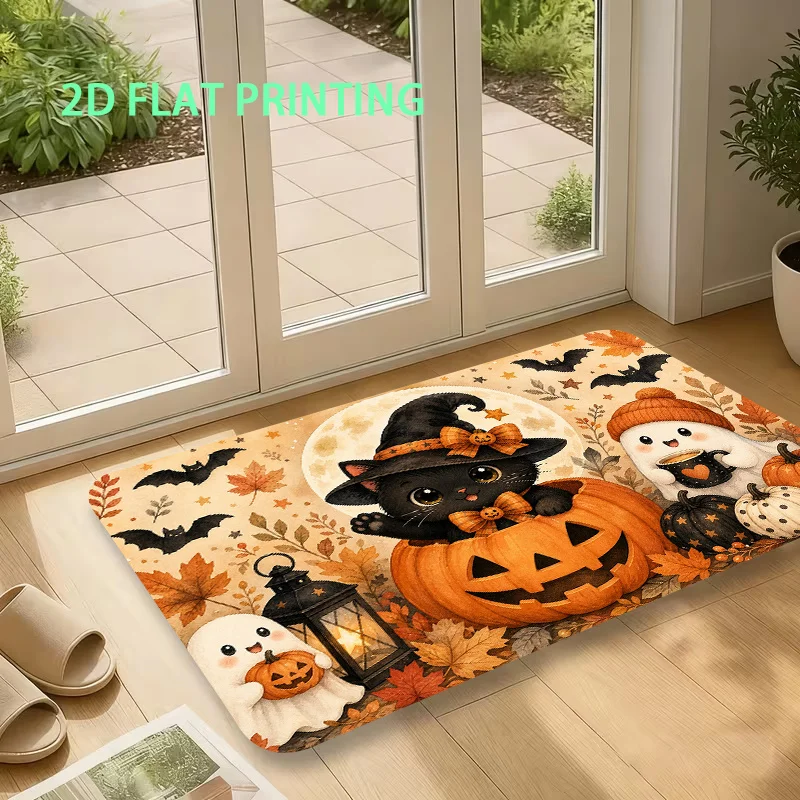 2D‑Printed Halloween Black Cat Pumpkin Maple Leaf Rug, Decor for Entryway, Bedroom, Balcony, Indoor‑Outdoor Parties