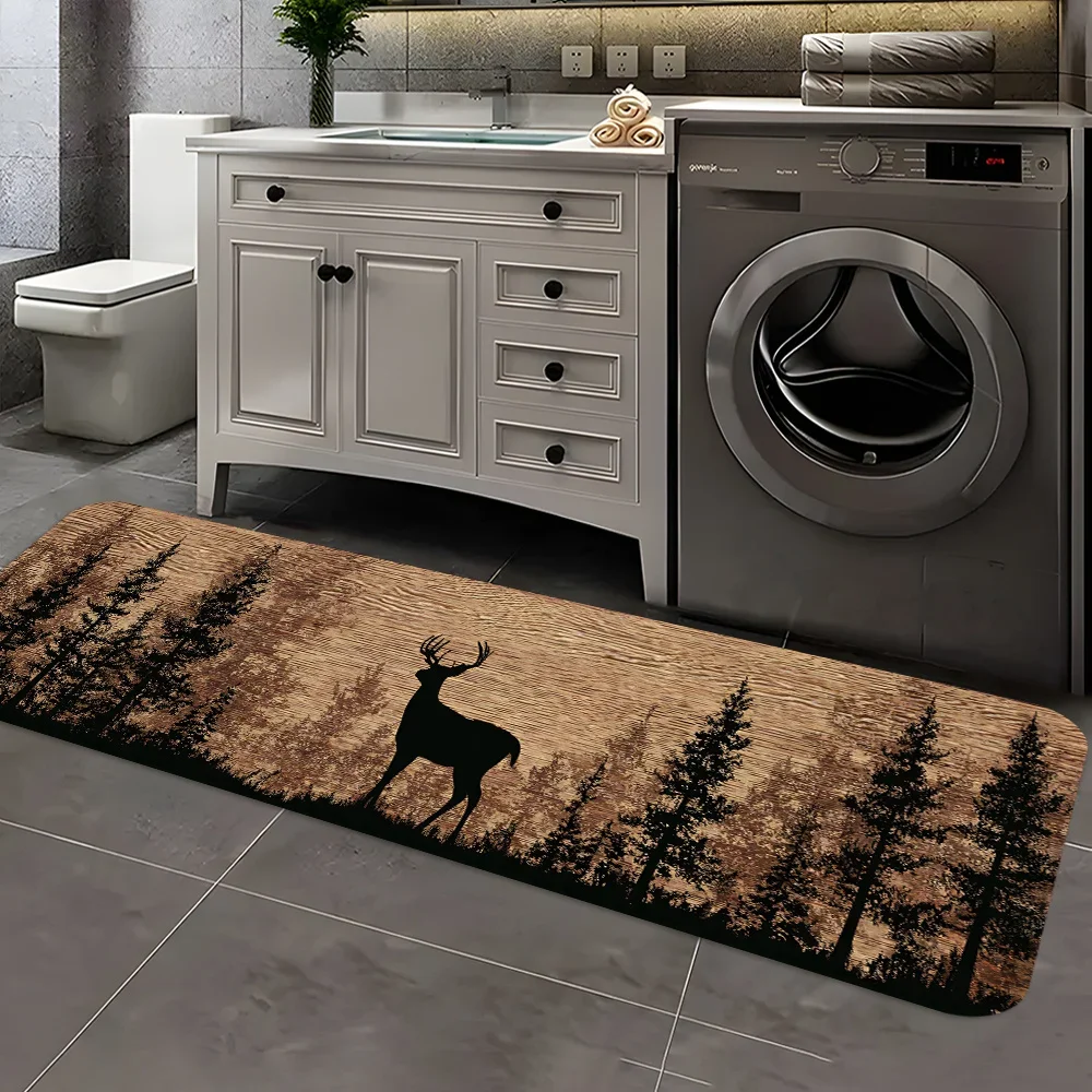 A Vintage Wooden Bottom Deer Pattern Runner Rug Series, Suitable for Home Entryways, Bedside Areas in Bedrooms, Hallway Non-Sl