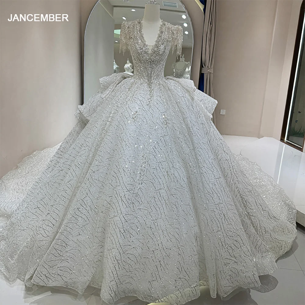 Exquisito vestido de novia de manga corta con perlas, vestidos de novia con lentejuelas, tren real sin espalda personalizado para novia, فستان temperaturkol