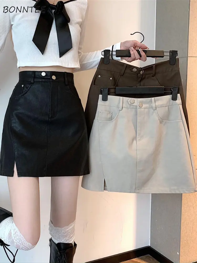 

Skirts Women High Waist Chic Slit New Design Slim Popular A-line Korean Style Simple Pockets Daily All-match Solid Ins Elegant