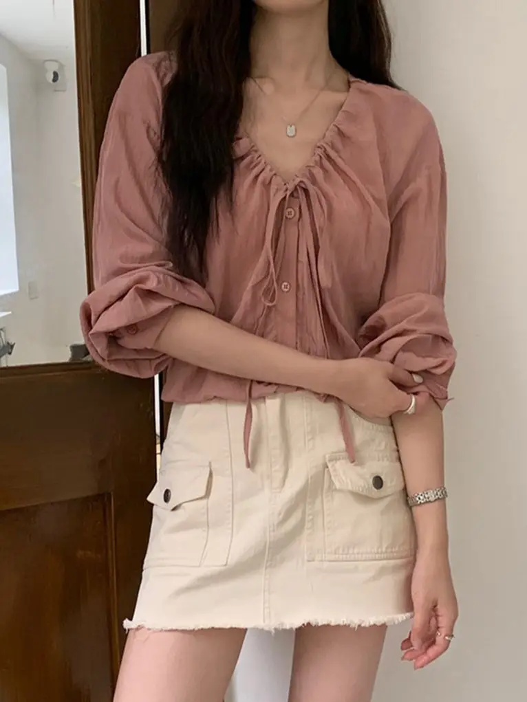 

Alien Kitty Autumn Roses Pink Shirts Women Chic Loose Elegant Sweet 2023 Solid Lady New Casual All Match Gentle Daily Blusas