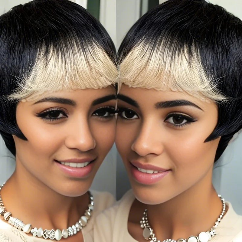 Chic Elegant 1B/613 Ombre Color Pixie Cut Wig Human Hair with Bangs Brazilian Virgin Short Layered Wigs for Women Full Machine Made Wigs