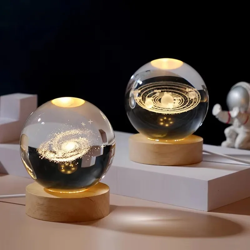 Crystal Ball Galaxy Night Light 3D Engraved for Home Holiday Party Decor for Living Dining Room Wall USB Rechargeable Table Lamp