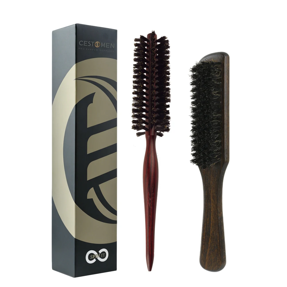 2-teiliges Set, professionelle Haarbürste aus Holz, Wildschweinborsten-Bartbürste, runde Bürste für lockiges Haar, Volumenbürste, antistatisches Haar-Styling-Werkzeug – Detail 11