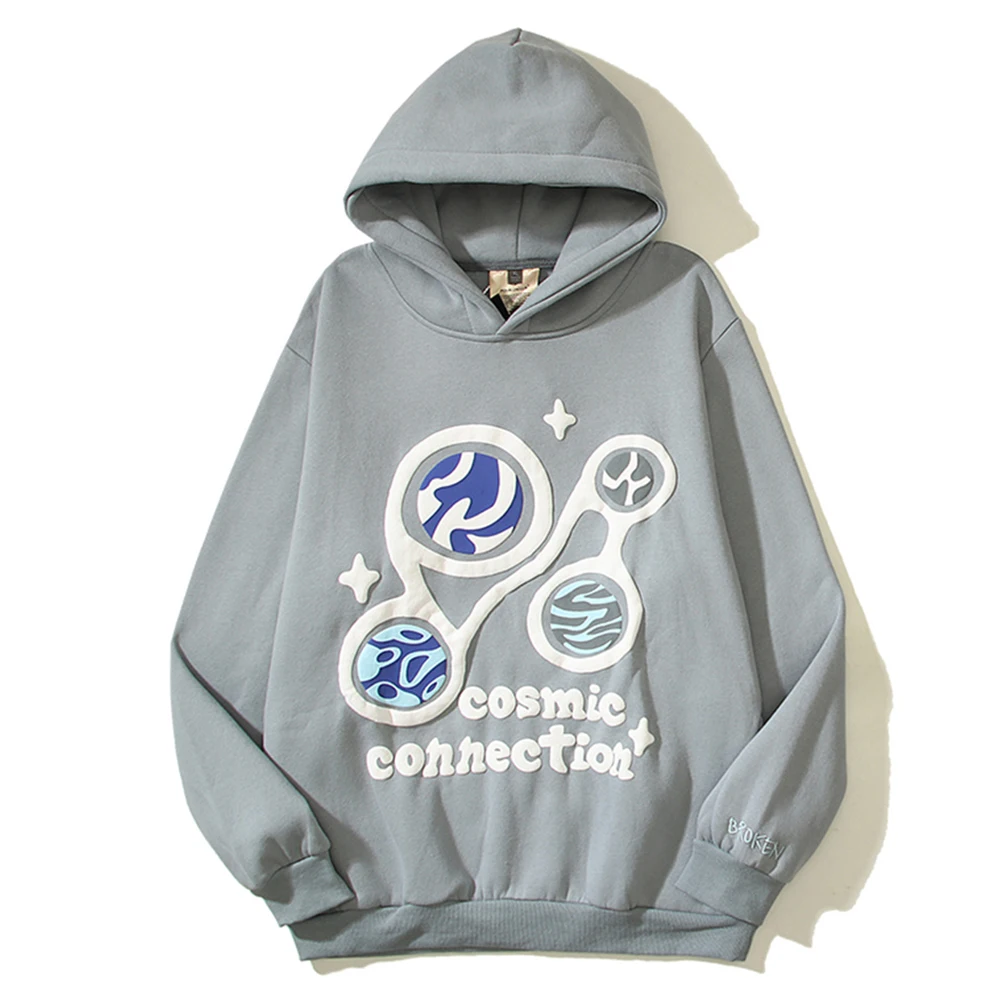 

Foam Printed Cosmic Connection Broken Fleece Blue Hoodie Men Women Autumn Pullover Sweatshirts