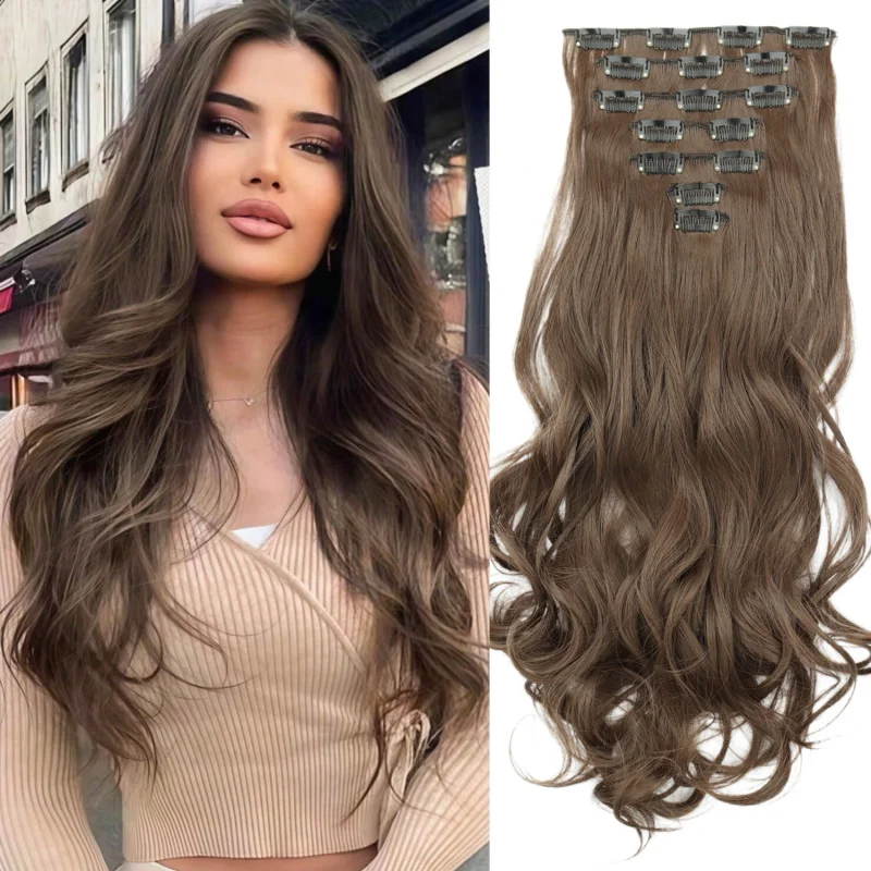 European and American style 7-piece clip for women, 16 clips, synthetic high-temperature fiber long curly hair wig set