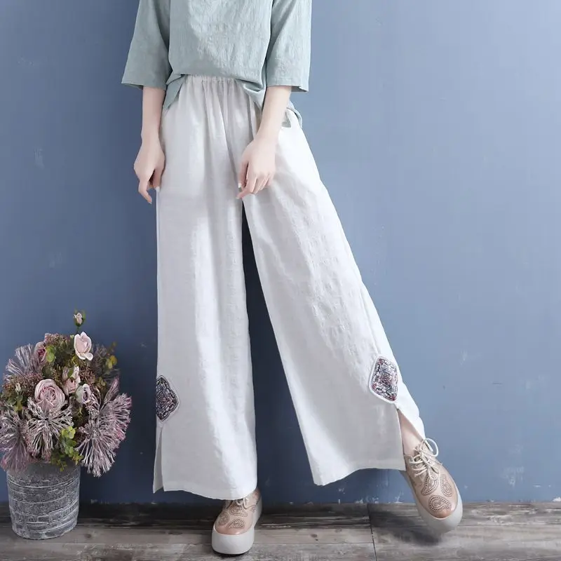 Summer New Solid Color High Waist Pockets Embroidered Wide Leg Trousers Women Chinese Style Cotton Hemp Loose All-match Pants