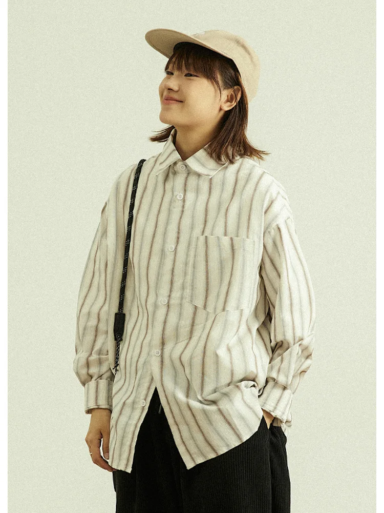 

Retro Striped Long Sleeve Shirt Unisex Casual Loose Fit Versatile Top Coat Spring Autumn Japanese Style Color Block Stripes