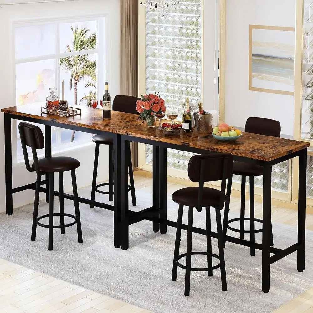 

Rustic Brown Pub Height Table Set with 4 Leather Stools for Kitchen, Dining, and Small Spaces