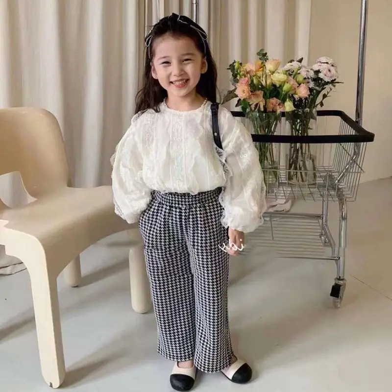Girls Set with Lace Tulle Fairy Top Paired with Plaid High-waist Long Pants 2026 Autumn Fashion Trendy New Childrens Clothing