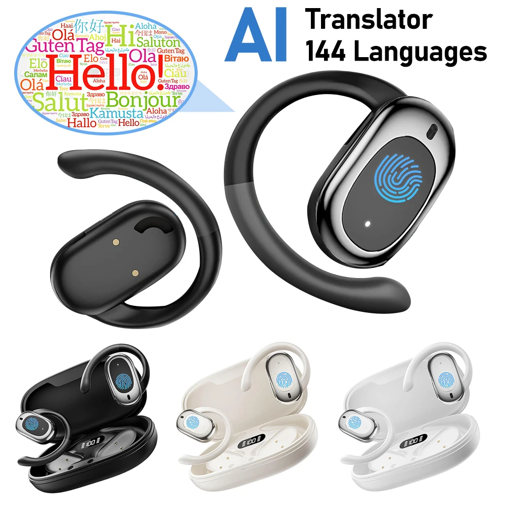 AI Real Time Translation Earbuds Wireless Bluetooth Headphones TWS 3-in-1 Noise Cancelling Open-Ear Earphones for Professionals