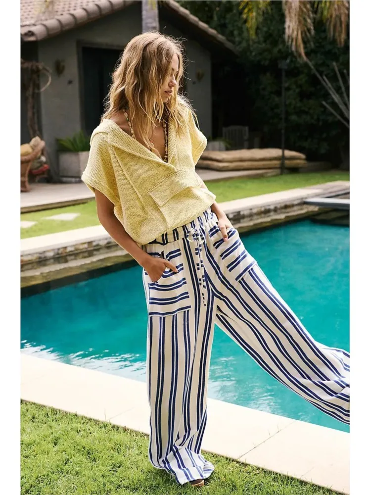 

pantalones de muje rCasual pants Commuting pant sets Stripes брюки женские Drawstring pantalons Loose home clothing simple style