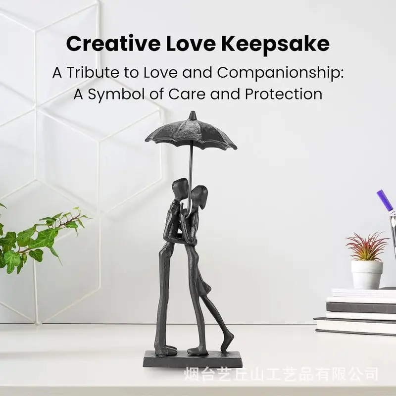 Simple cast iron craft home desktop ornament, couple statue holding an umbrella, Valentine's Day commemorative gift, wedding ble