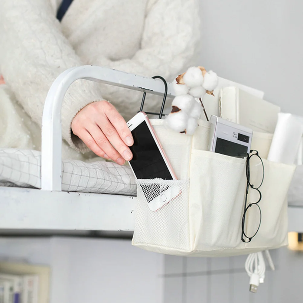 

Beige Hanging Storage Bag Bedside Organizer Canvas Dorm Room Hanging Case for Phones Snacks Magazines Books