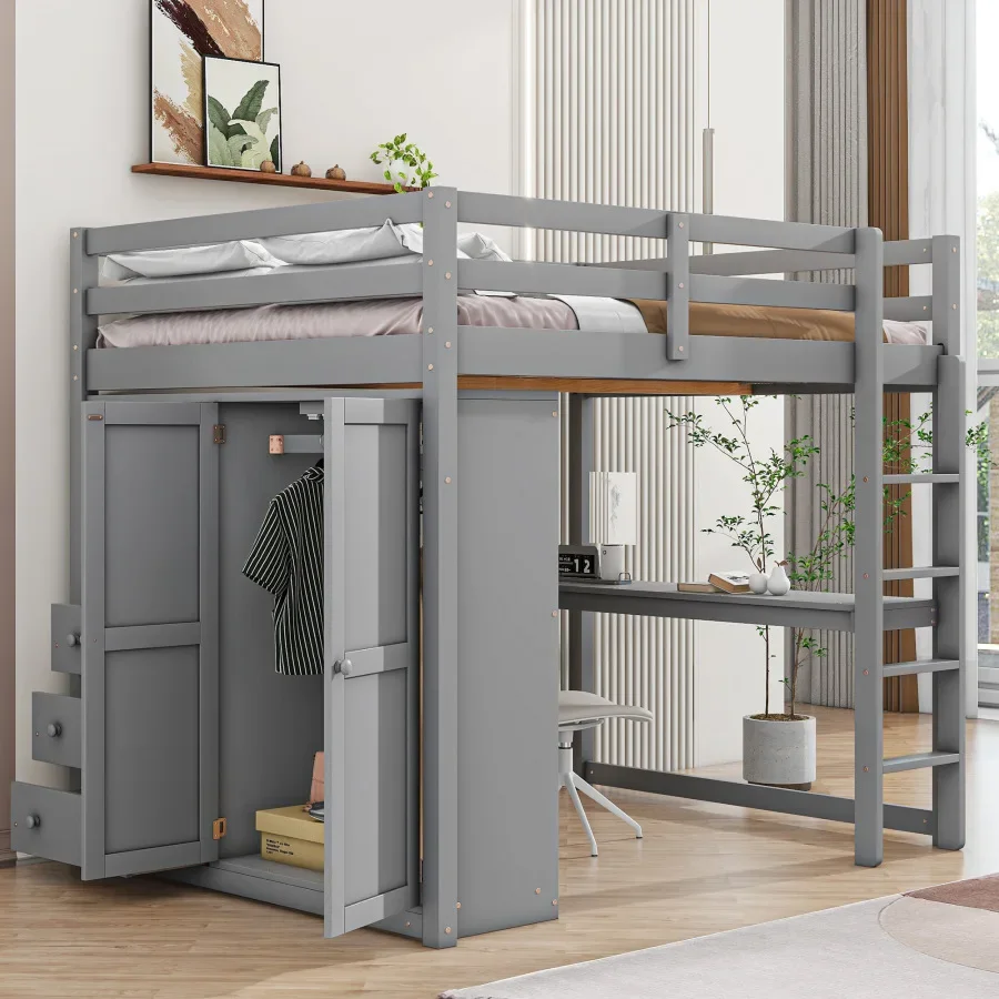 Desk Design Large Space Wood Full Size Loft Bed with Built-in Wardrobe, Desk, Storage Shelves and Drawers, White/Gray