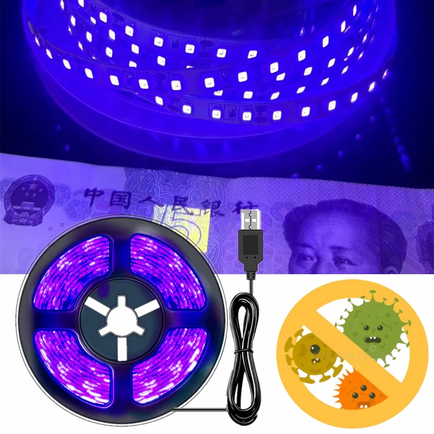 5V Flexible UV LED Strip Light 2835 SMD USB Purple Ultraviolet Light Strip for Detect Money Home Christmas Decor TV Backlight