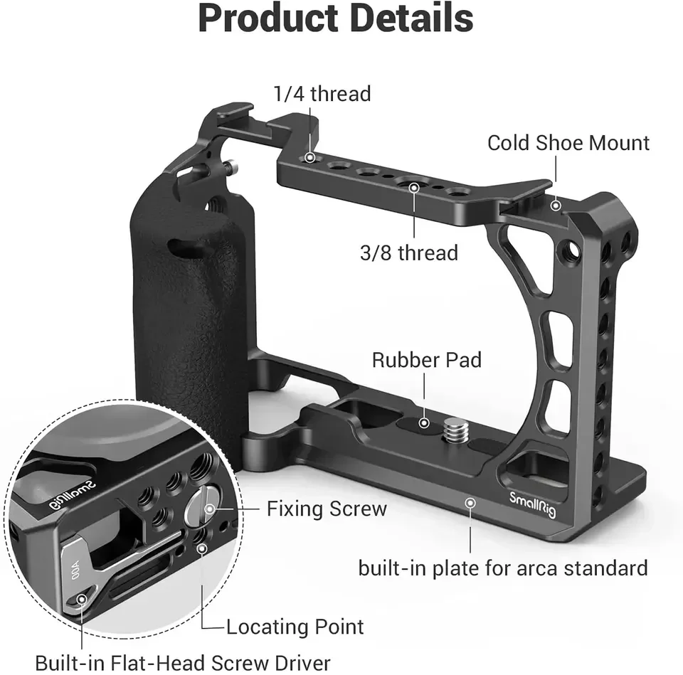 2026 For SmallRig 3164 Stainless Steel DSLR Camera Cage with Silicone Handle Handgrip & Cold Shoe Case for A6100/A6300/A6400