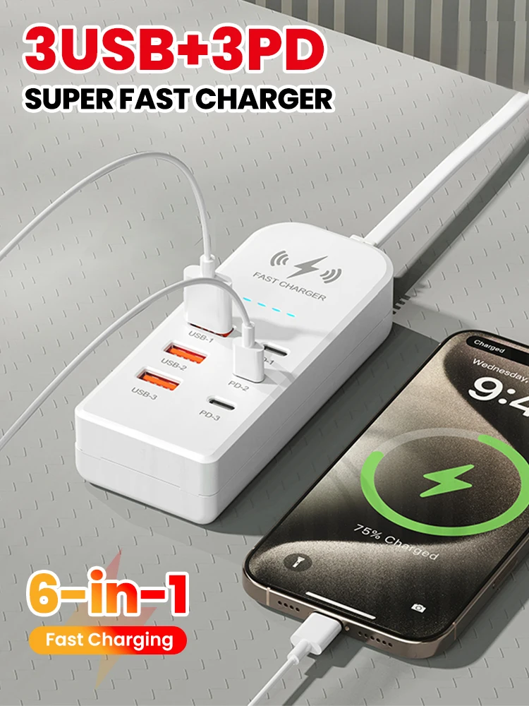 Listwa zasilająca z 3 portami USB 3.0 i 3 portami Type C, uniwersalna szybka ładowarka, wtyczka EU/US, adapter do ładowania telefonu, przedłużacz z gniazdami elektrycznymi. — 2