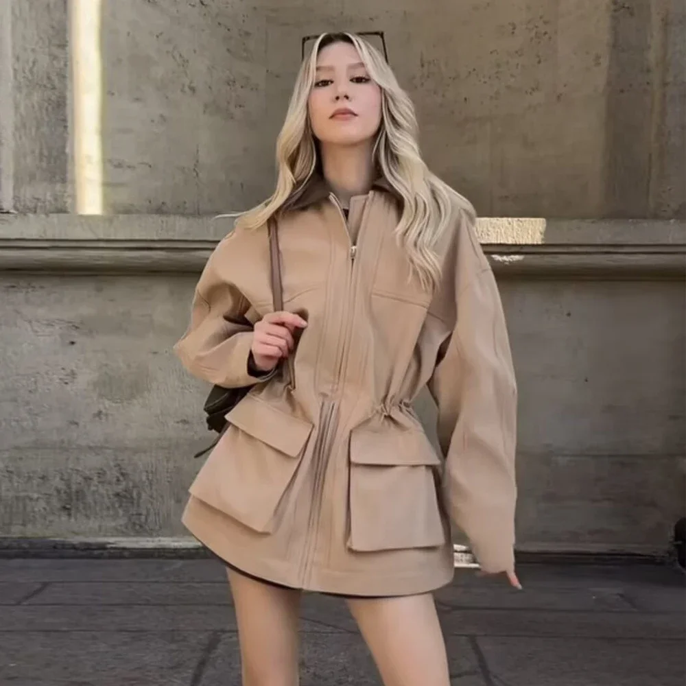 

2025 Autumn Drawstring Trench Jacket Women Warm Khaki Coats Jackets with Pocket Casual Office Lady Outwear