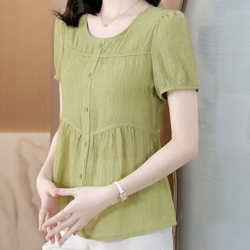 2024 Korean Commuter Summer New Women\'s Crew Neck Button Spliced All-match Elegant Loose Short Sleeve Casual Chiffon Tops