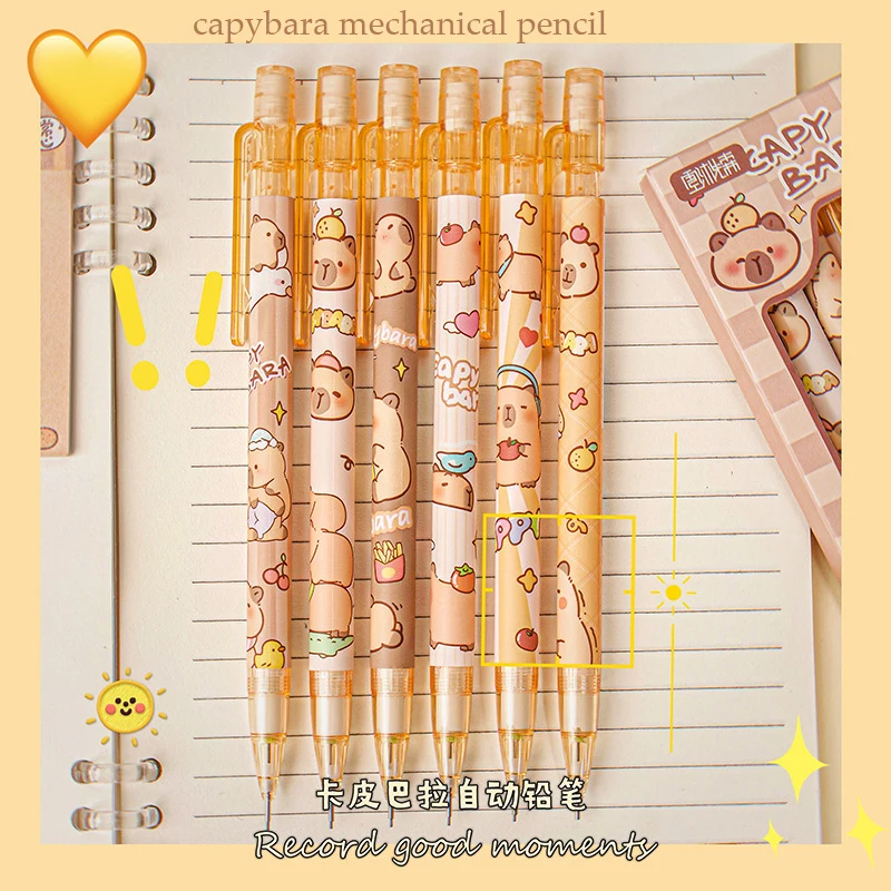 6pcs Cute Capybara Mechanical Pencil With Eraser Constantly Core Children\'s Drawing Writing School Supplies Aesthetic Stationery