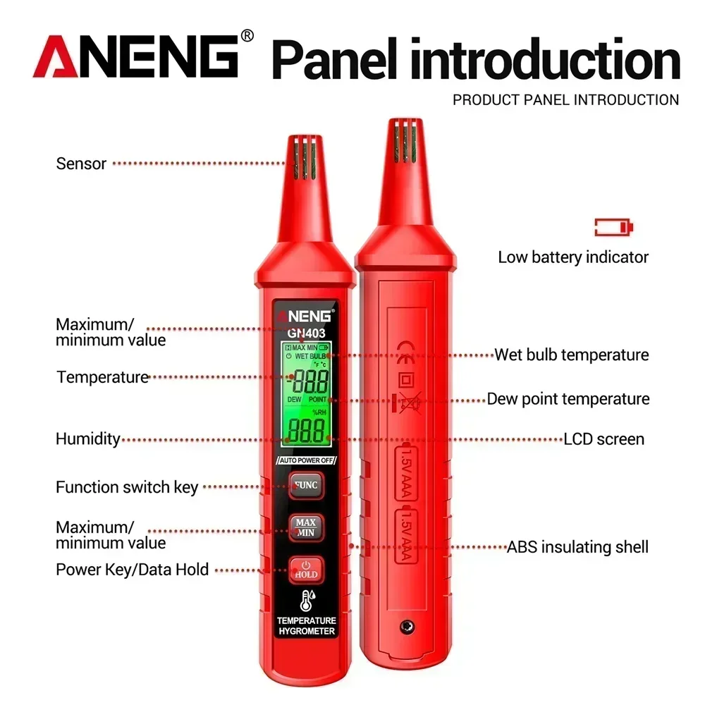 ANENG GN403 inteligentny tester temperatury i wilgotności precyzyjny cyfrowy higrometr z punktem rosy otoczenia miernik wilgotności narzędzia
