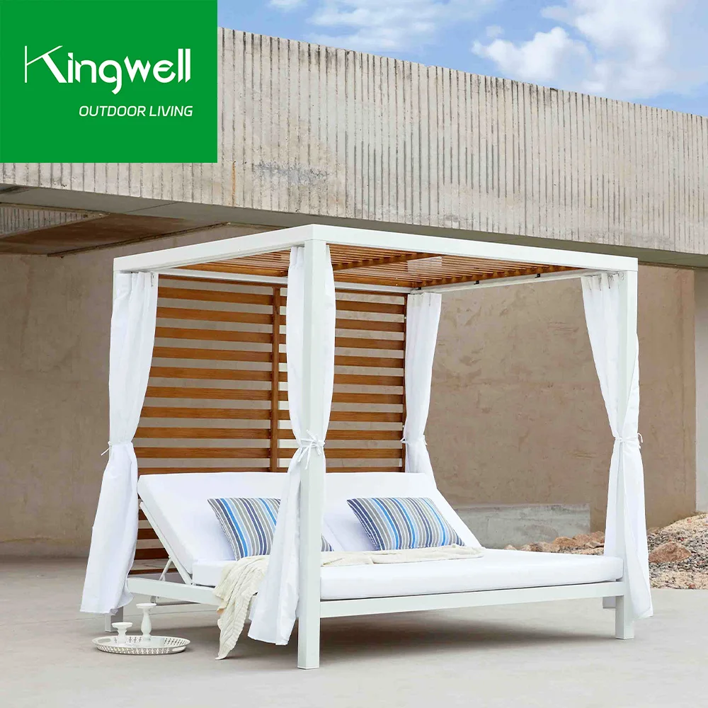 Outdoor Furniture All Weather Aluminum Patio Sunbeds Hotel Beach Teak Wood Waterproof Sun Lounger Daybed with Canopy for Beach