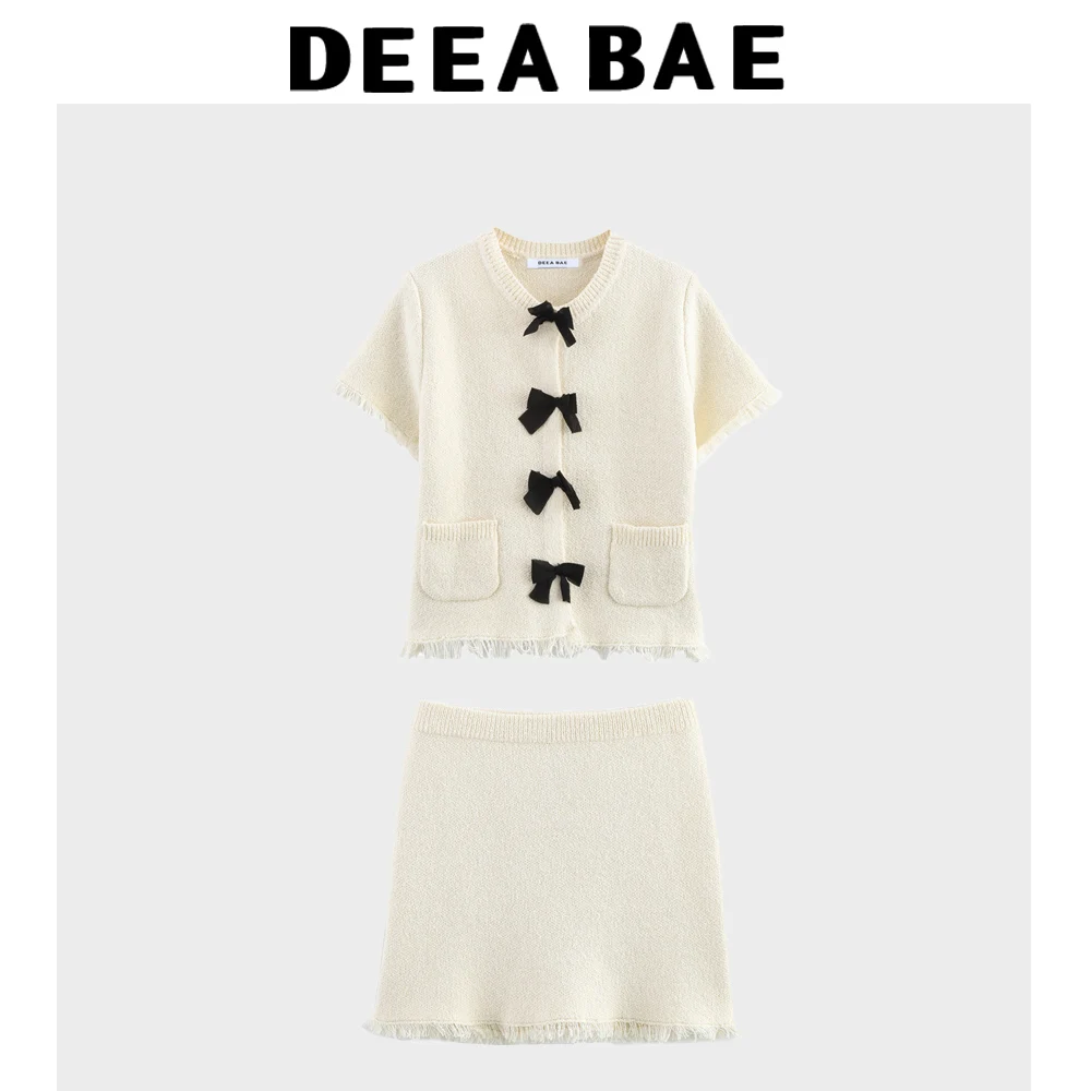

DEEABAE 2025 весенне-осенняя новая женская одежда с украшением в виде банта, темпераментная вязаная куртка, волосатая мини-юбка