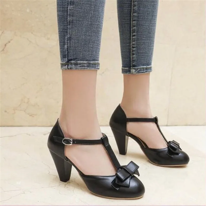 Girls High heel Shoes Sandals Women\'s Pumps T-Buckle High Heels Women Fashion Thick-Soled High Heels for Wedding Party 31-43